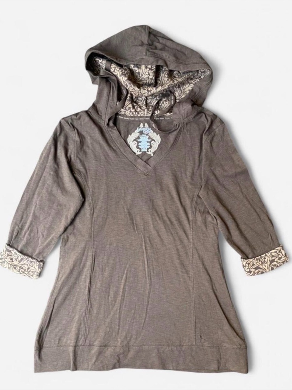 Danskin Now Women’s Brown Half Sleeve Tunic Top w Hoodie, Rolled Sleeve Sz Large
